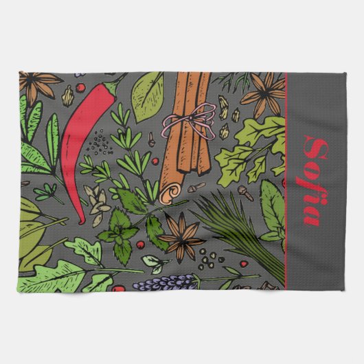 Specerijen patroon aangepaste naam grijs theedoek (Horizontaal)