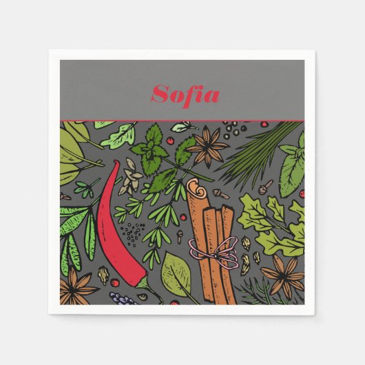 Specerijen patroon aangepaste naam grijs wit servet (Voorkant)