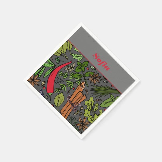 Specerijen patroon aangepaste naam grijs wit servet (Hoek)