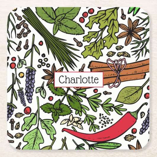 Specerijen patroon aangepaste naam zwart kartonnen onderzetters (Voorkant)