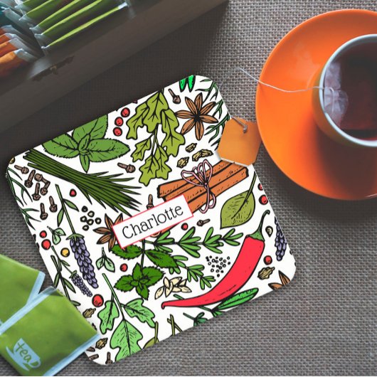 Specerijen patroon aangepaste naam zwart kartonnen onderzetters