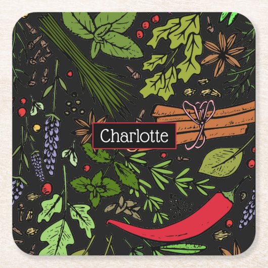 Specerijen patroon aangepaste naam zwart kartonnen onderzetters (Voorkant)