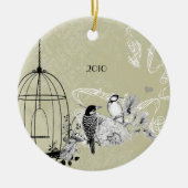 spechten en vogelkooi op Damask Keramisch Ornament (Voorkant)