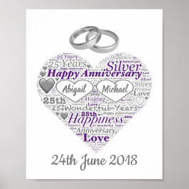 Speciaal 25e Silver Wedding Word Art-afdrukken Poster