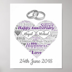 Speciaal 25e Silver Wedding Word Art-afdrukken Poster