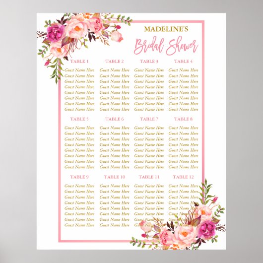Speciaal 2 - Roze Blush Bloemen Goud Zitplaatskaar Poster (Voorkant)