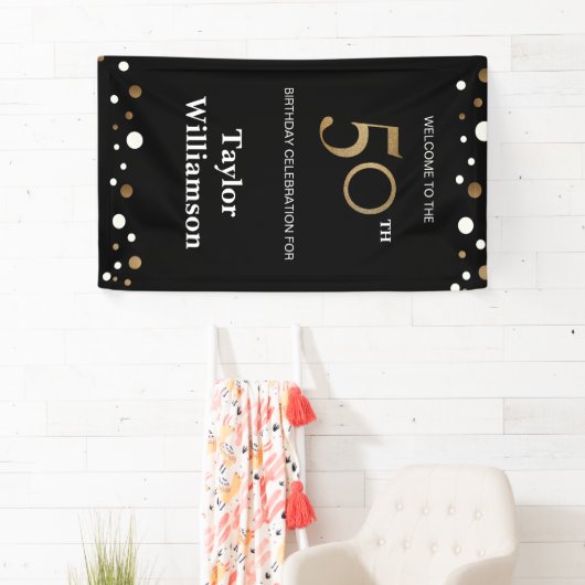 Speciaal 50e verjaardag Gold en zwart confetti Spandoek (Insitu)