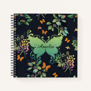 , speciaal aangepast Dark Floral Butterfly-patroon Notitieboek