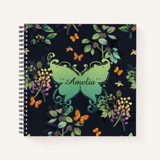 , speciaal aangepast Dark Floral Butterfly-patroon Notitieboek (Voorkant)