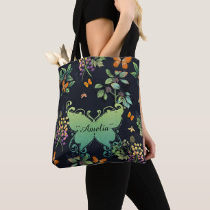 , speciaal aangepast Dark Floral Butterfly-patroon Tote Bag