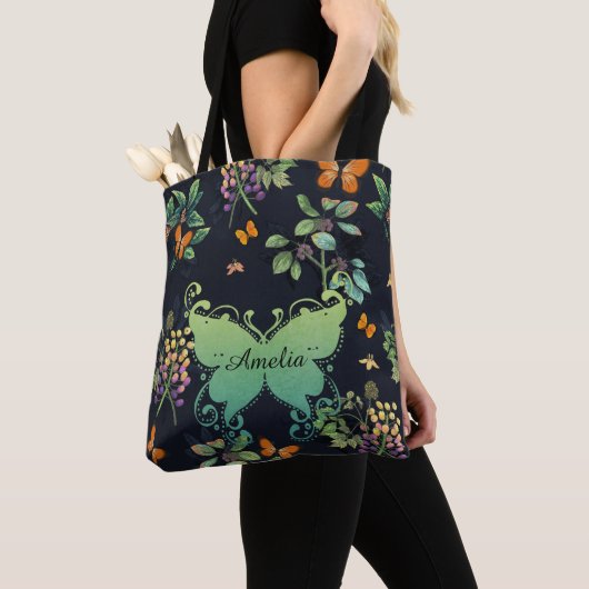 , speciaal aangepast Dark Floral Butterfly-patroon Tote Bag (Dichtbij)