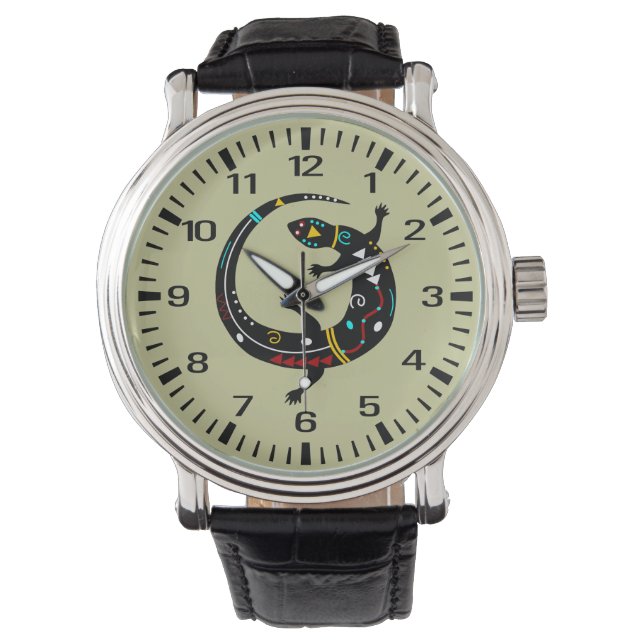 Speciaal Aztec Southwest Tribal Lizard Design Horloge (Voorkant)