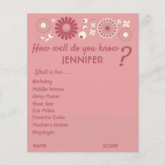 Speciaal Baby shower game-vellen Roze Floral Flyer (Voorkant)