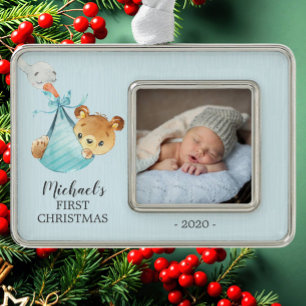 Speciaal Beer Eerste kerstfoto Verzilverd Omlijst Ornament