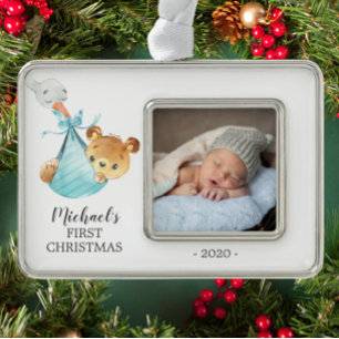 Speciaal Beer Eerste kerstfoto Verzilverd Omlijst Ornament