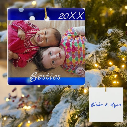 Speciaal 'Besties' Blue Holiday Keramisch Ornament
