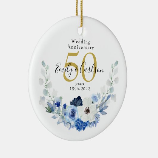 Speciaal Blauw en Witte Floral 50 Jubileum Keramisch Ornament (Rechts)