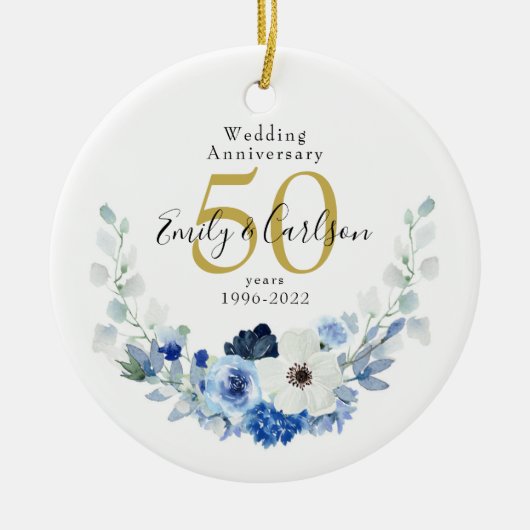 Speciaal Blauw en Witte Floral 50 Jubileum Keramisch Ornament (Voorkant)