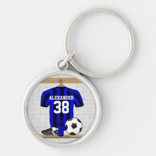 Speciaal Blauw en Zwart Striped Soccer Jersey Sleutelhanger