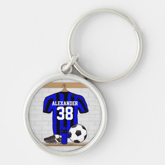 Speciaal Blauw en Zwart Striped Soccer Jersey Sleutelhanger (Voorkant)