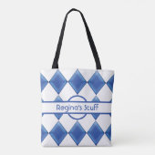 Speciaal blauw glas en witte harlequinen tote bag (Achterkant)