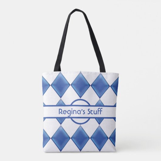 Speciaal blauw glas en witte harlequinen tote bag (Achterkant)