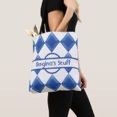 Speciaal blauw glas en witte harlequinen tote bag (Dichtbij)