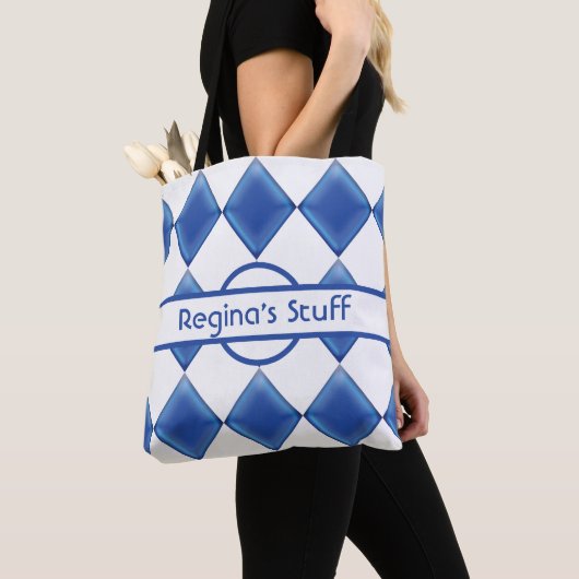 Speciaal blauw glas en witte harlequinen tote bag (Dichtbij)