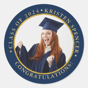 Speciaal Blauw Gold Afstuderen Foto Afstuderen Ronde Sticker