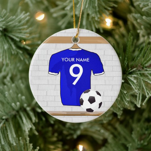 Speciaal Blauw Wit Football Soccer Jersey Keramisch Ornament (Boom)