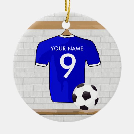 Speciaal Blauw Wit Football Soccer Jersey Keramisch Ornament (Voorkant)