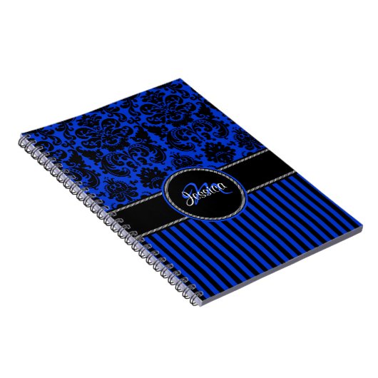 Speciaal blauw zwart-wit Striped Damask Notitieboek (Rechterzijde)
