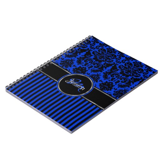 Speciaal blauw zwart-wit Striped Damask Notitieboek (Linkerzijde)