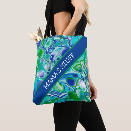 Speciaal blauwe en groene, marmerbare fluïde kunst tote bag (Dichtbij)