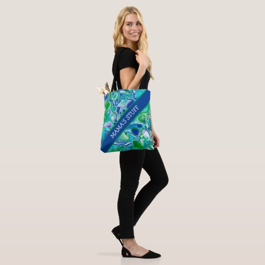 Speciaal blauwe en groene, marmerbare fluïde kunst tote bag (Op model)