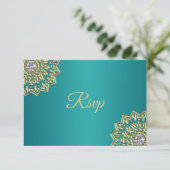 Speciaal Blauwgroen Gold Indian Mandala RSVP Weddi (Staand voorkant)