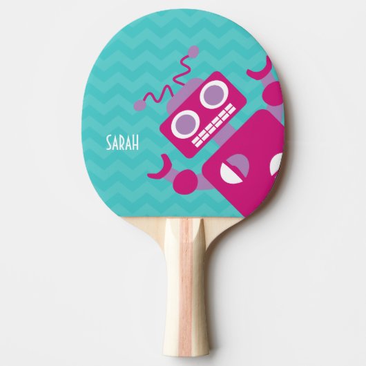 Speciaal Crazy Fun Pink Robot Blauwgroen Chevron Tafeltennisbatje (Voorkant)