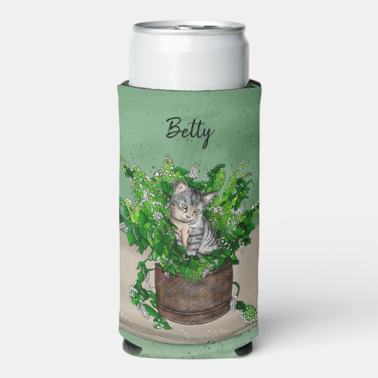 Speciaal Cute Kitten in Catnip Pot Seltzer Blikjeskoeler (Seltzer Voorkant)