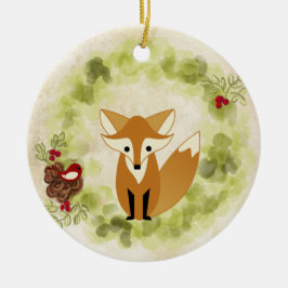 Speciaal Cute Woodland Fox en Holiday Wreath Keramisch Ornament