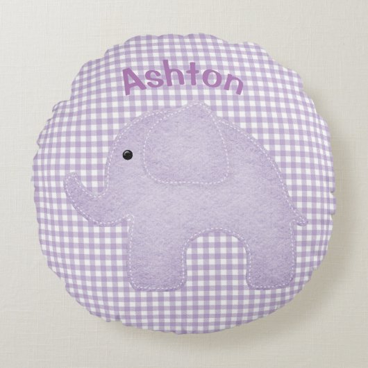 Speciaal Elephant Paars Play Gingham Nursery Rond Kussen (Voorkant)