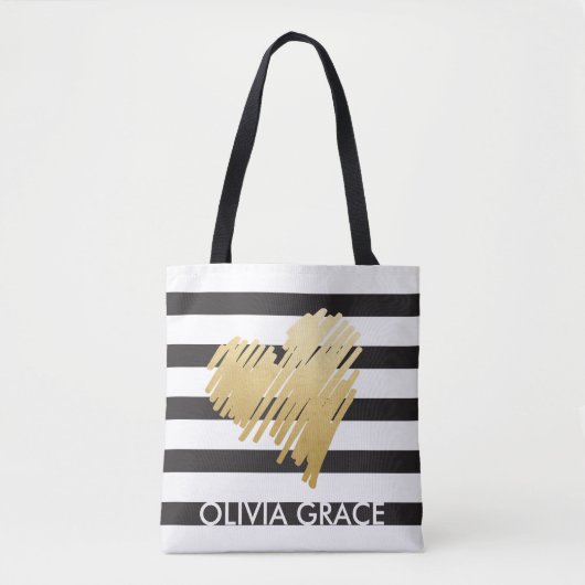 Speciaal Faux Gold Heart Black Striped Tote Bag (Voorkant)