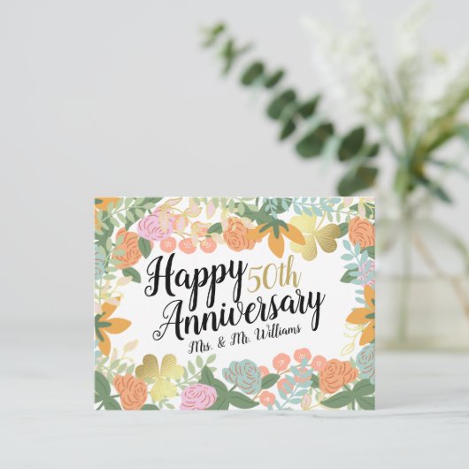 Speciaal Floral Happy 50th Jubileum voor de lente Briefkaart (Staand voorkant)