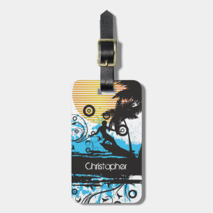 Speciaal gekromd surfend tropisch strand bagagelabel