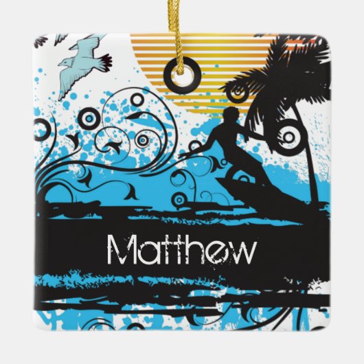 Speciaal gekromde kerst met surfstrand keramisch ornament (Voorkant)