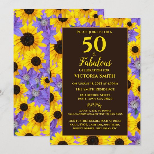 Speciaal gepersonaliseerd 50- en Paarse Floral Kaart (Voorkant / Achterkant)