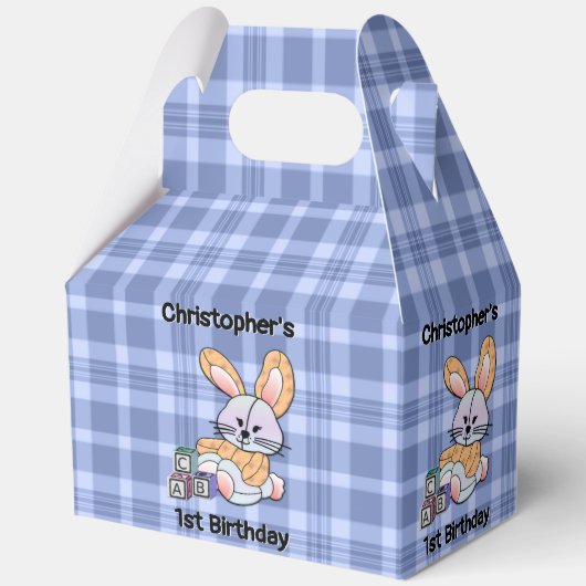 Speciaal gepersonaliseerd blauw geplakt zursery ar bedankdoosjes (Voorkant)