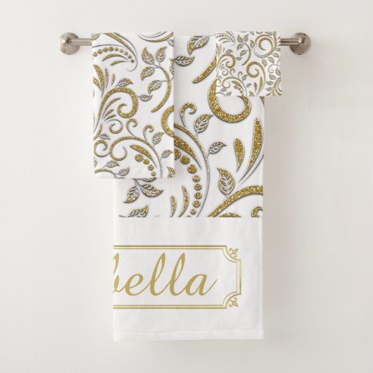 Speciaal gepersonaliseerd goud- en witte deco-hand bad handdoek (Insitu)