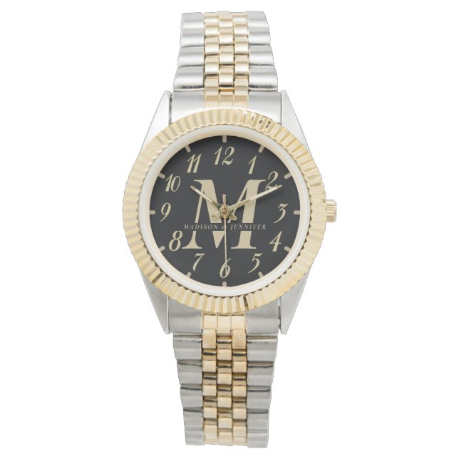 Speciaal gepersonaliseerd zwart en gouden bruiloft horloge (Voorkant)