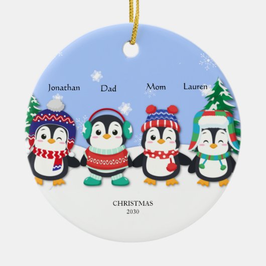 Speciaal gepersonaliseerde Cute Four Penguin Snow  Keramisch Ornament (Voorkant)
