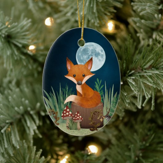 Speciaal gepersonaliseerde Cute Fox en Full Moon K Keramisch Ornament (Boom)